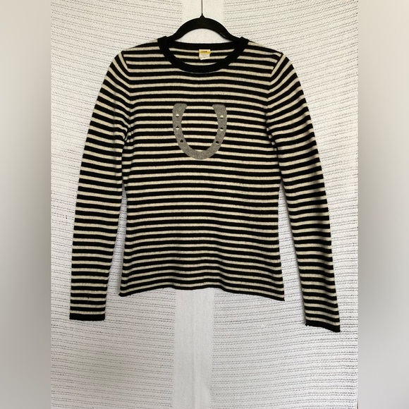 J. Crew Fitted Ribbed Black and Cream Long Sleeve Tee - Picture 1 of 5